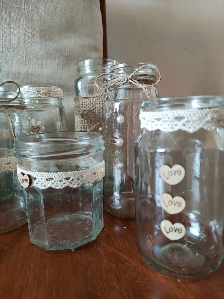 12 various decorated wedding jars for table centrepieces rustic vintage style 