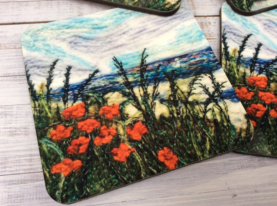 Seascape with poppies coaster or drinks mat. 