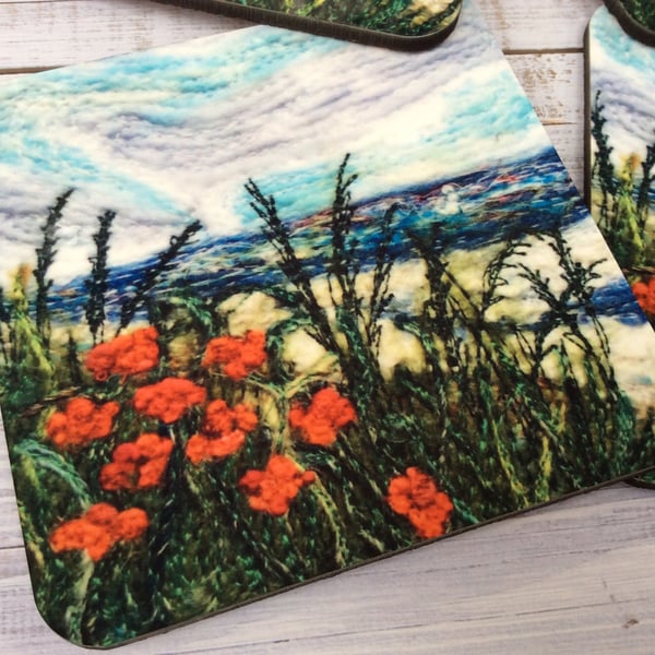 Seascape with poppies coaster or drinks mat. 