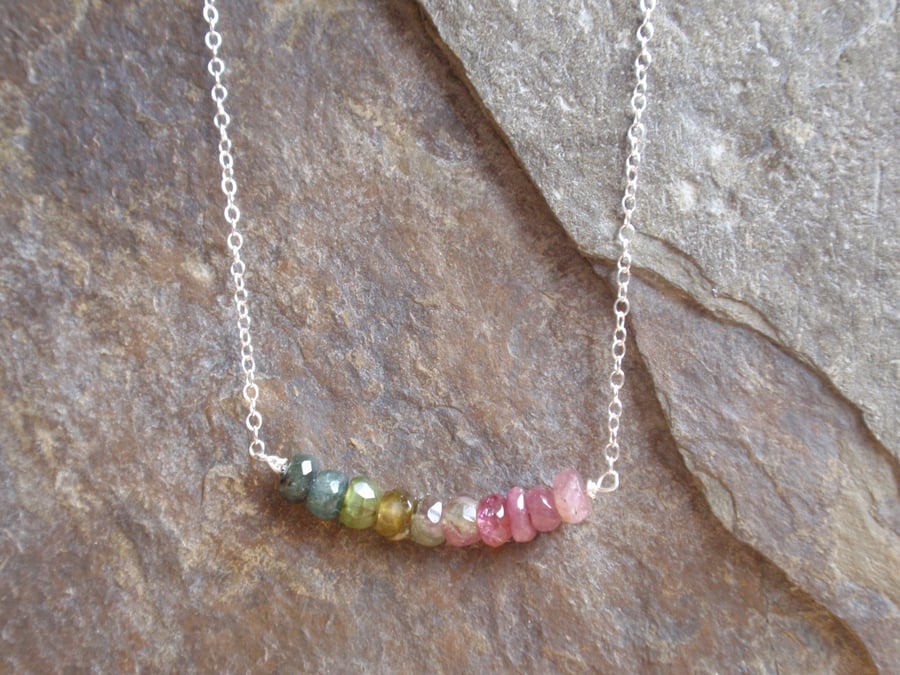Tourmaline necklace with sterling silver necklace chain, pink and green gemstone