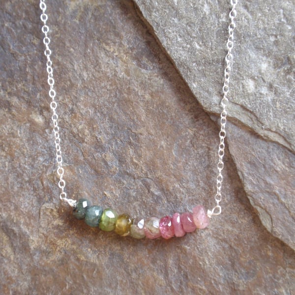 Tourmaline necklace with sterling silver necklace chain, pink and green gemstone