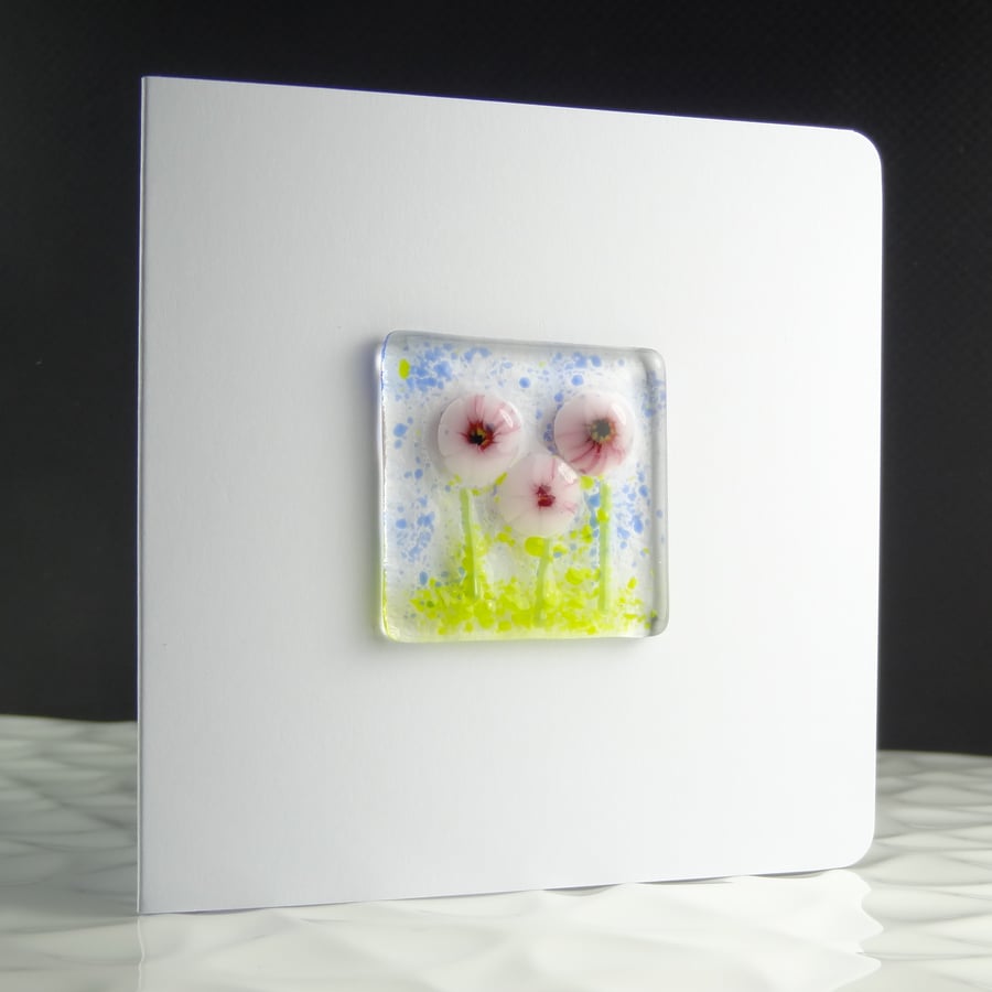 Pink flowers handcrafted fused glass greeting card, blank inside (359)