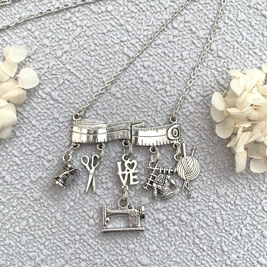 Boho Silver Sewing Theme Pendant Necklace