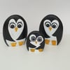 Penguin family hand painted wooden ornaments