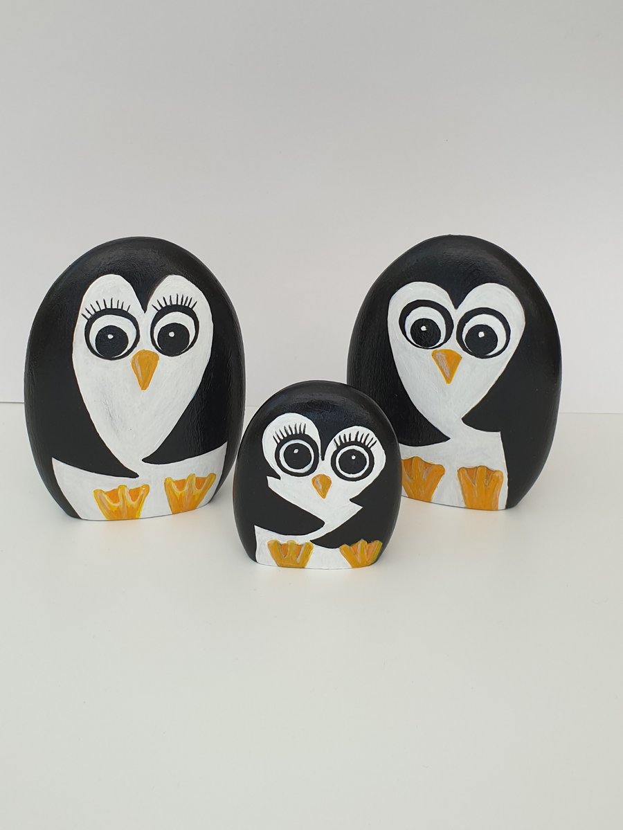 Penguin family hand painted wooden ornaments
