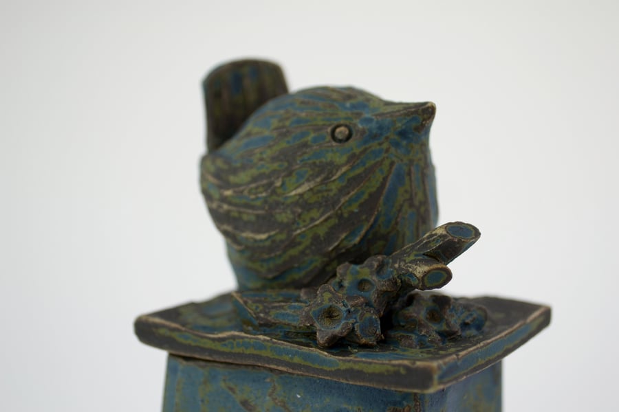 Handmade pottery box with large modelled wren on lid