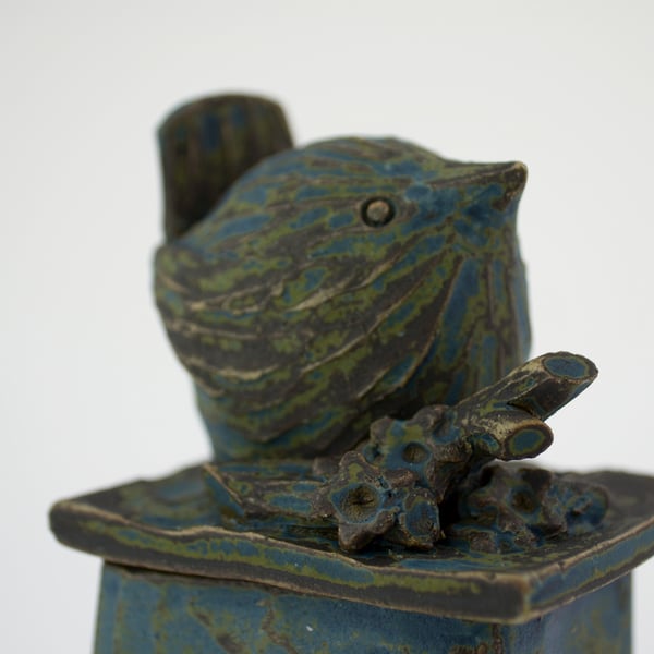 Handmade pottery box with large modelled wren on lid