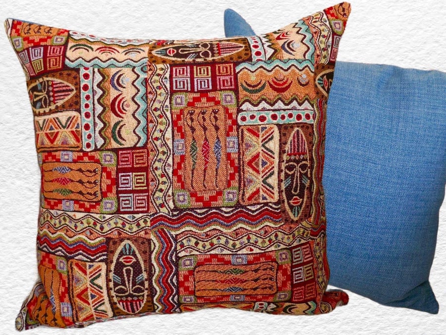 Cushion with Pad: Tapestry Africa design Denim Blue reverse 17"(43cm)