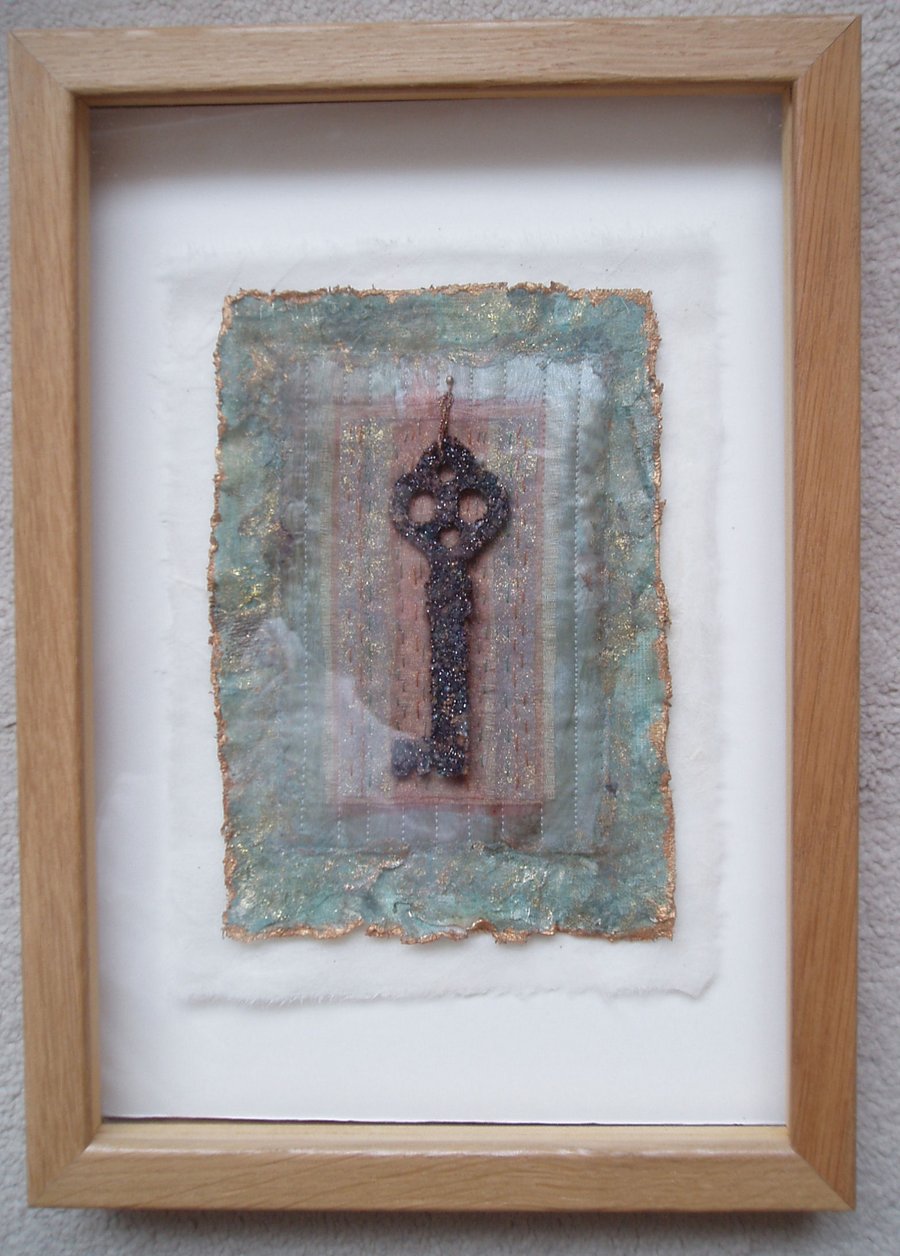 VINTAGE KEY PICTURE EMBROIDERED TEXTILE ART PALE TURQUOISE FABRIC