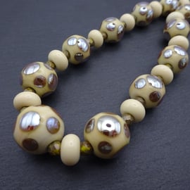 lampwork glass necklace, ivory and silver spot artisan beads