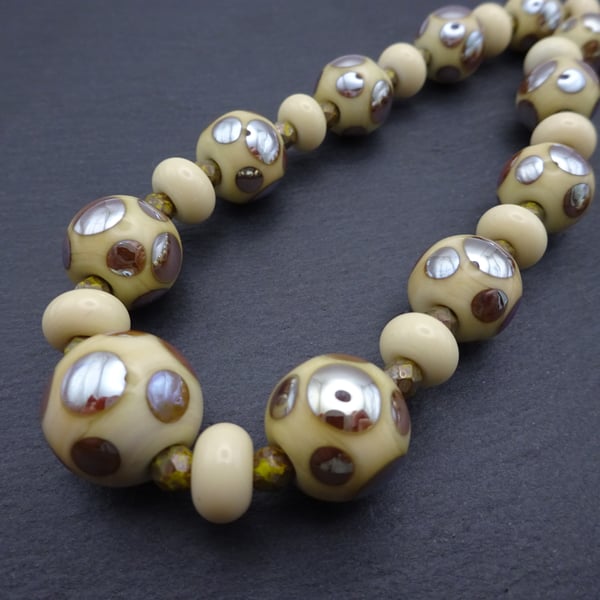 lampwork glass necklace, ivory and silver spot artisan beads