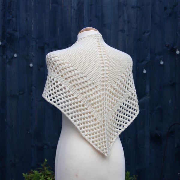 Hand knit triangular shawl in Bluefaced Leicester wool - design A2