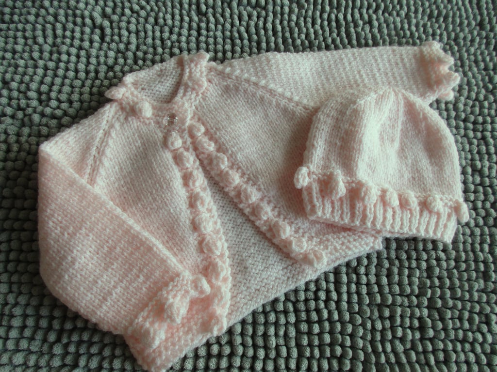 14" Baby Bobble Edged Cardigan And Hat Set
