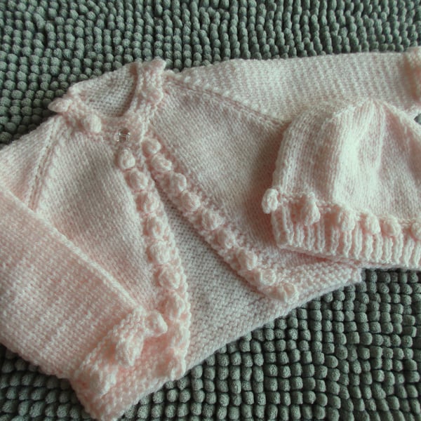 14" Baby Bobble Edged Cardigan And Hat Set
