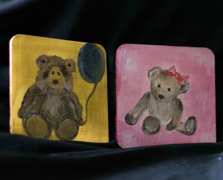 Cute teddy bear coasters. All different characters. Unique wooden coasters.