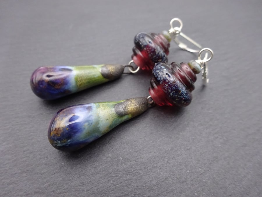 purple lampwork glass and ceramic earrings
