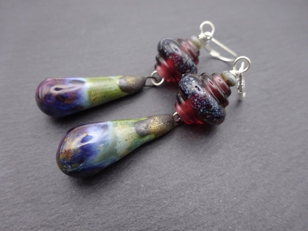 purple lampwork glass and ceramic earrings