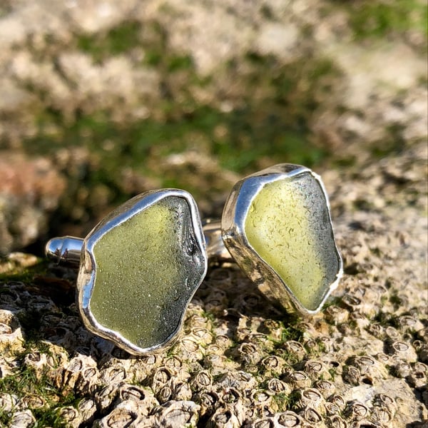 Stunning Olive Green Sea Glass and Sterling Silver Cufflinks - 1039