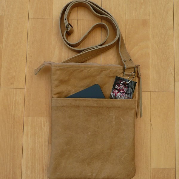 Leather zip top crossbody bag beige leather unisex bag man bag soulder bag
