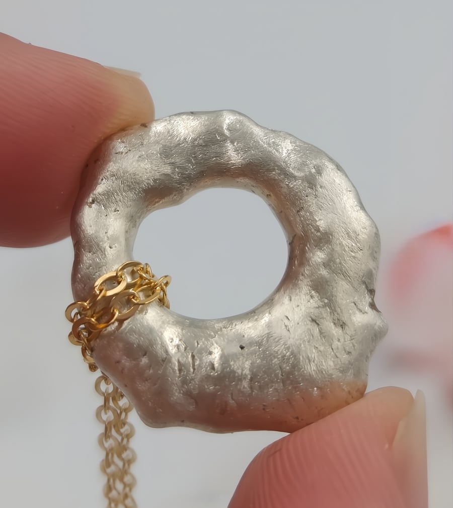 Molten Silver Irregular Circle Pendant Necklace