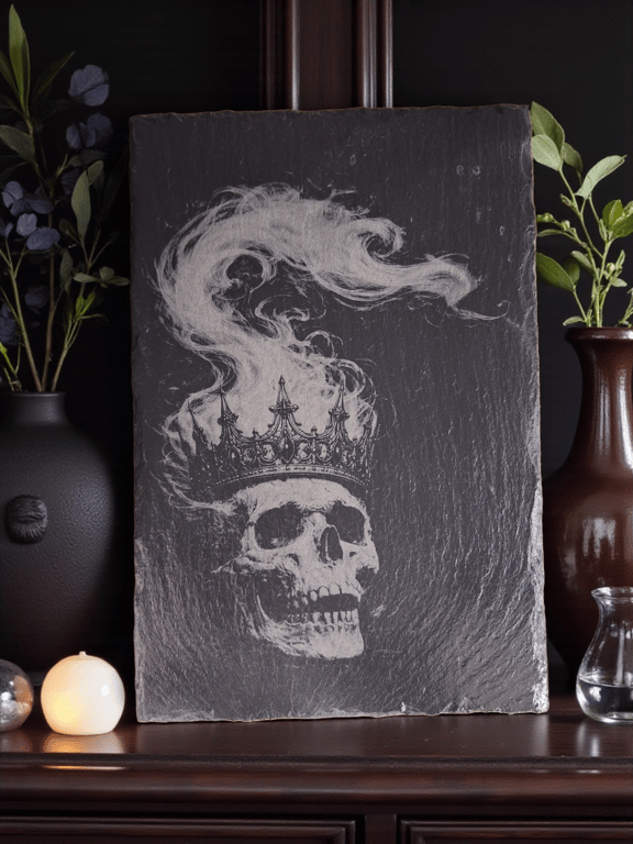 Smoky Skull Slate Art Board – Gothic A4 Slate Serving Board & Wall Art