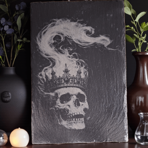 Smoky Skull Slate Art Board – Gothic A4 Slate Serving Board & Wall Art