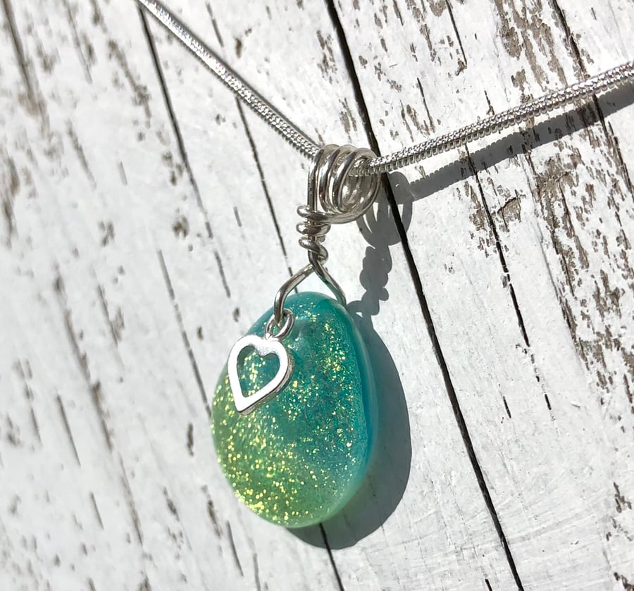 Sterling Silver & Glass Necklace in Turquoise & Green with Silver Heart Charm