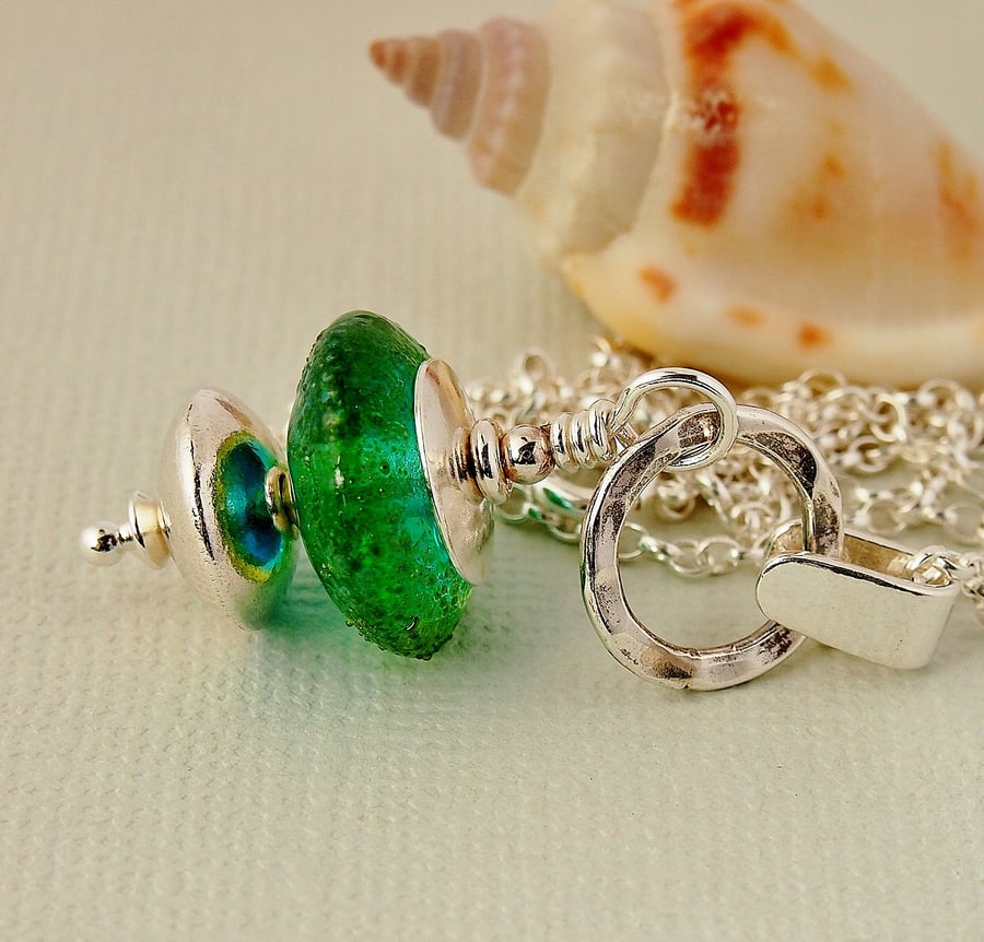 Turquoise Green Lampwork Glass  Pendant - Sterling Silver