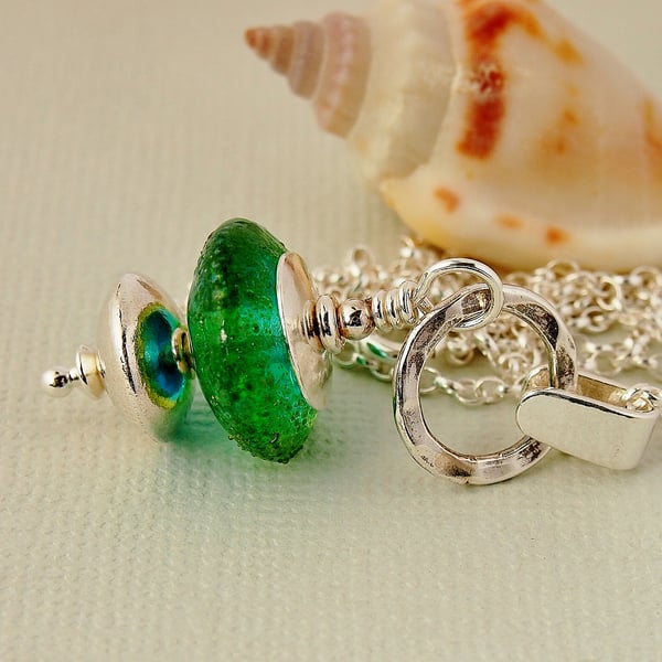 Turquoise Green Lampwork Glass  Pendant - Sterling Silver