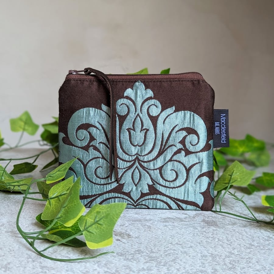 Purse or Make-up Bag in Turquoise and Brown Damask