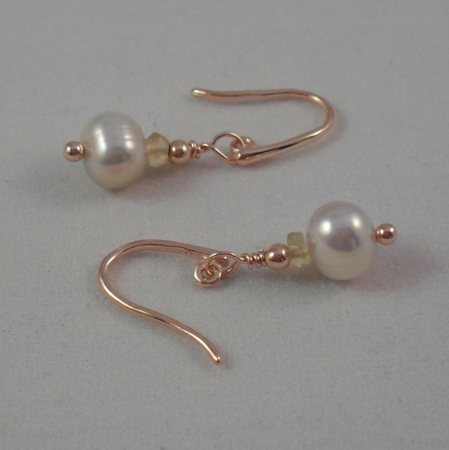 Dainty Freshwater Coultured Pearl and Citrine Rose Gold Sterling Silver Earrings