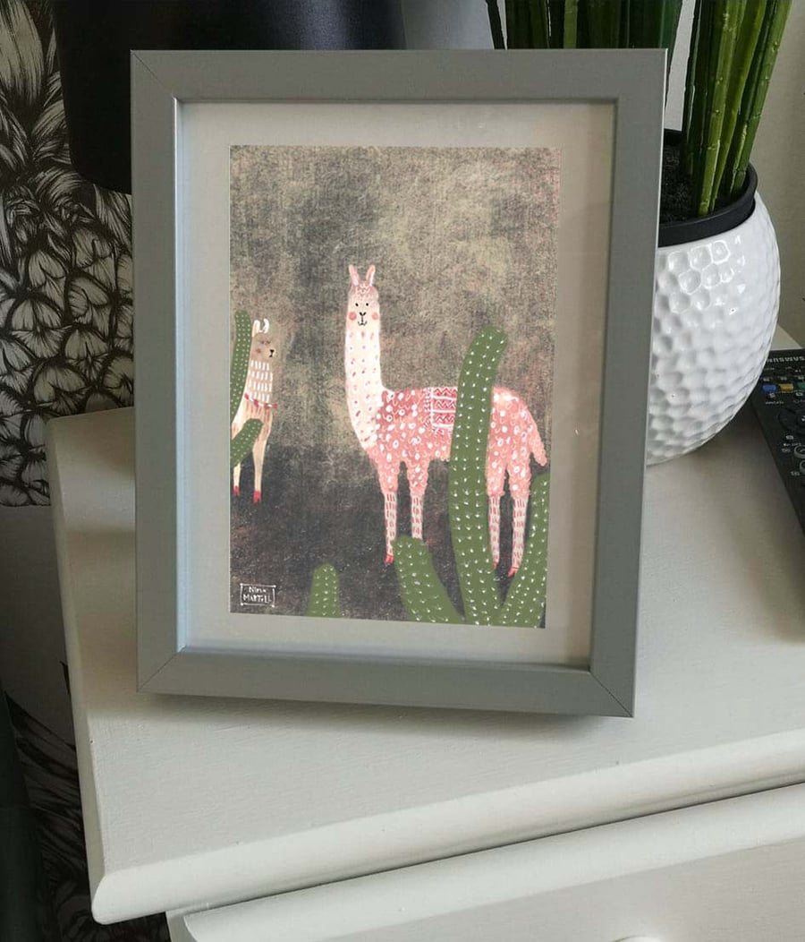 Llama and Cactus. Cute. A4 Print by Nina Martell