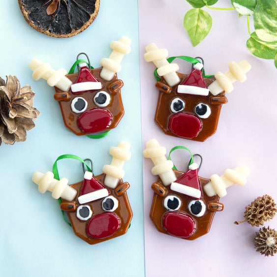 Fused Glass Rudolph the Red-nosed Reindeer Christmas Decorations