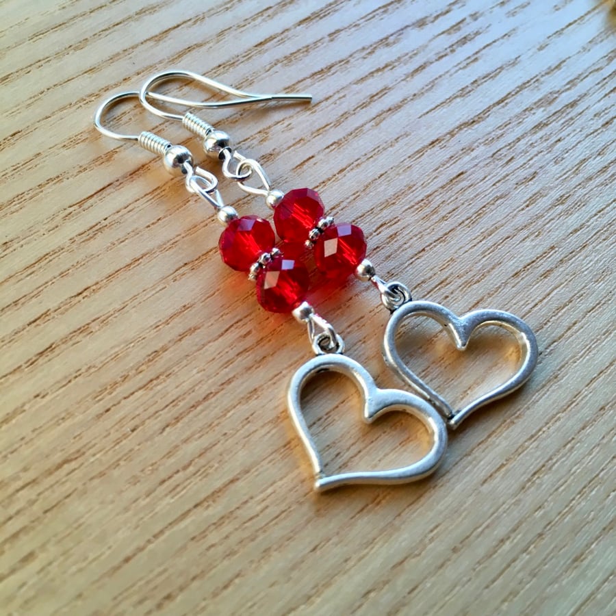 Red Double Crystal and Heart Charm Bead Earrings, Valentines Gift
