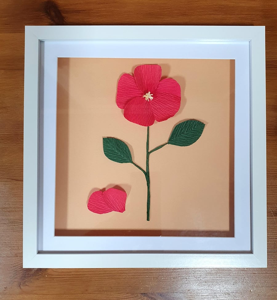 Paper Flower Red Rose, White Framed Picture - Handmade Floral Art