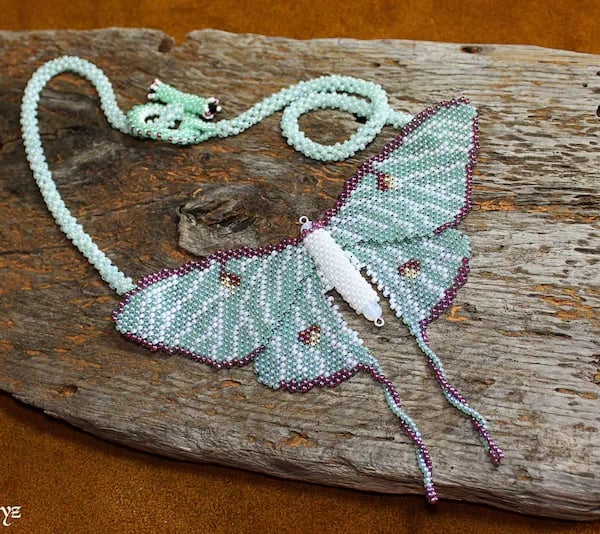 Luna Moon Moth Beaded Pendant and Chain Necklace Toggle Clasp