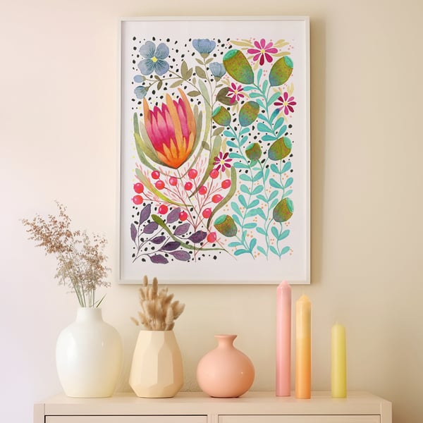 Floral wall art, Flowers, Watercolour floral print,A4 Art Print, Home Decor