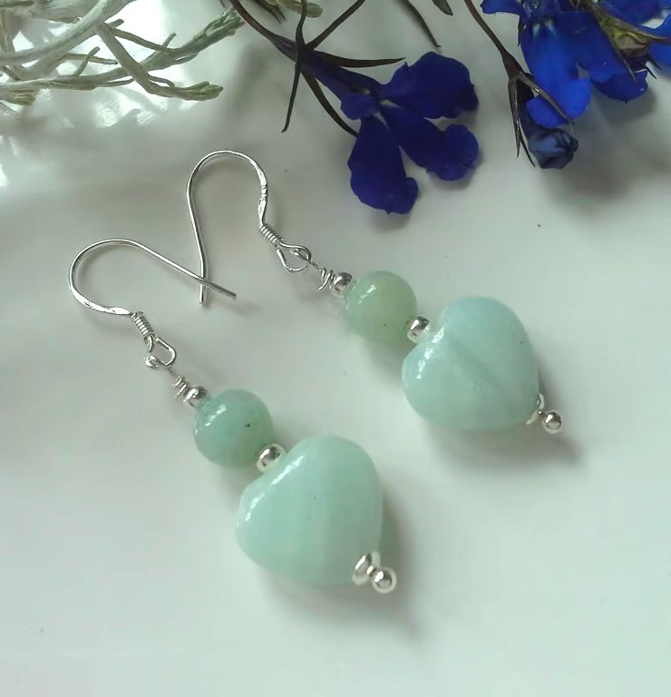 Russian Amazonite Heart Earrings Sterling Silver