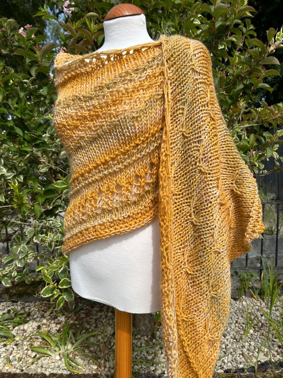 Halo Effect Merino Wool Hand Knitted Textured and Lace Golden Yellow Shawl Wrap