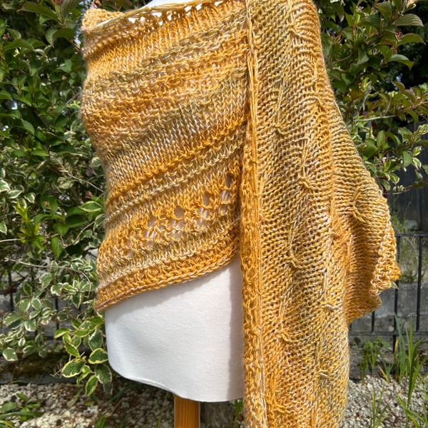Halo Effect Merino Wool Hand Knitted Textured and Lace Golden Yellow Shawl Wrap
