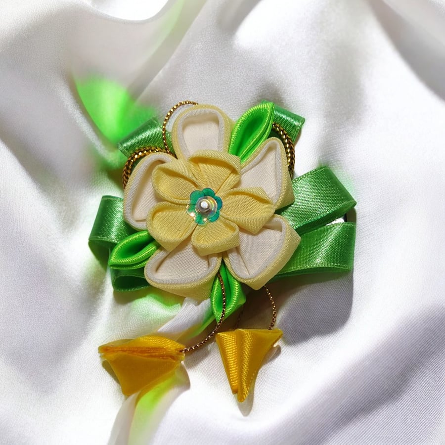 Handmade Yellow & Beige Fabric Flower Hair Clip with Tassels