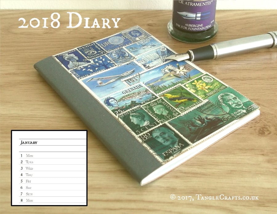 2018 Diary - Blue Green Upcycled Postage Stamps, Pocket Month Planner, A6