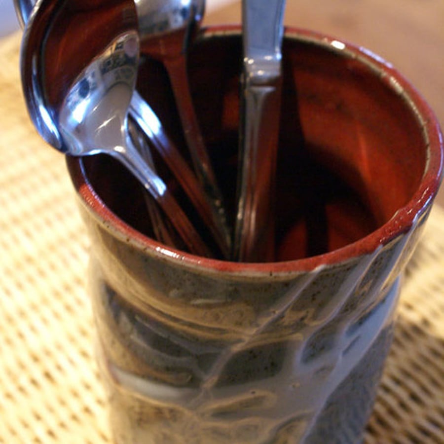 Kitchen utensil holder - handmade pottery cutlery holder in red and grey