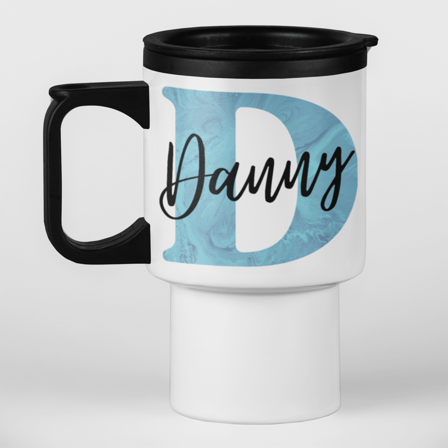 Personalised BLUE Marble Name Travel Mug - Personalised travel mug Gift present