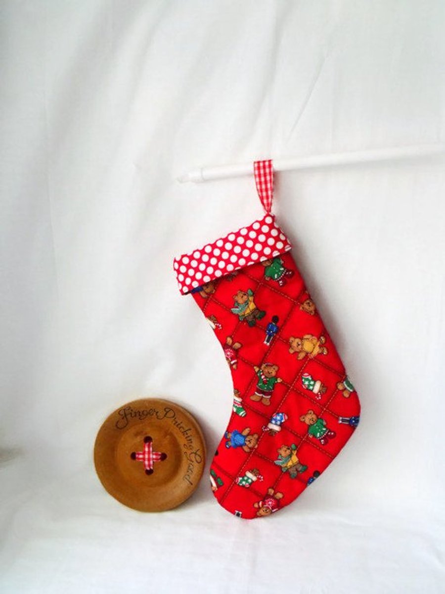 red teddy bear patchwork christmas stocking, festive hanging decoration