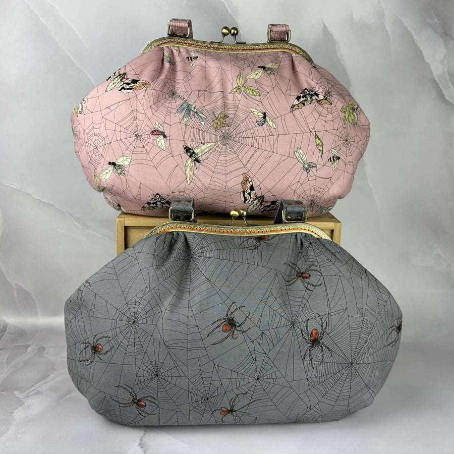 Spider Web large frame shoulder bag, Kiss clasp bag, 2 pattern options, Handmade
