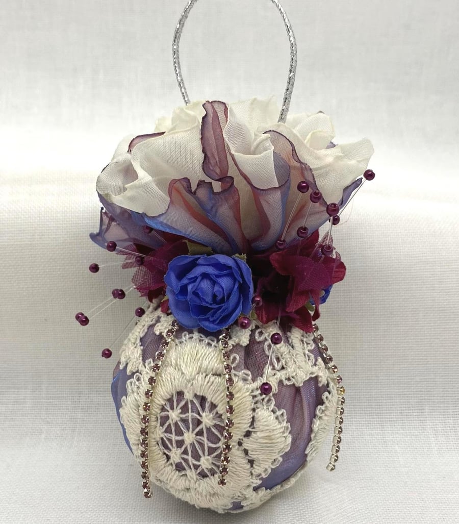 Lilac and Blue Christmas Bauble with Embroidered Lace and Flowers