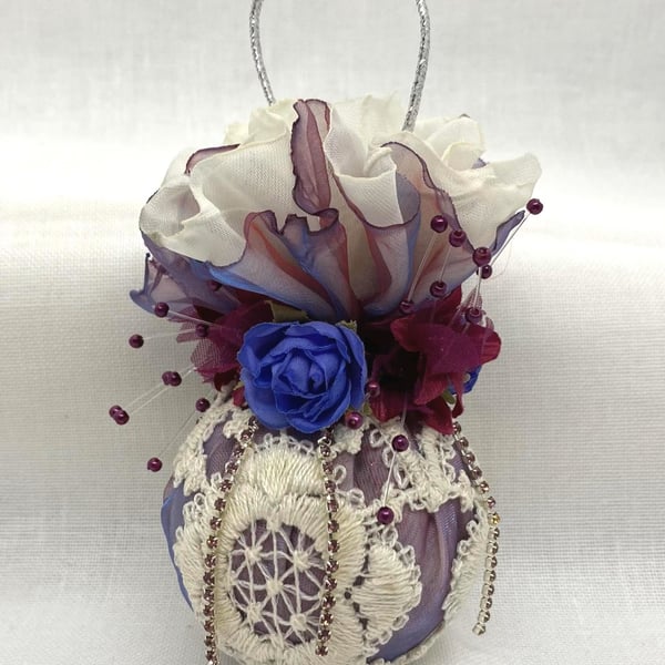 Lilac and Blue Christmas Bauble with Embroidered Lace and Flowers