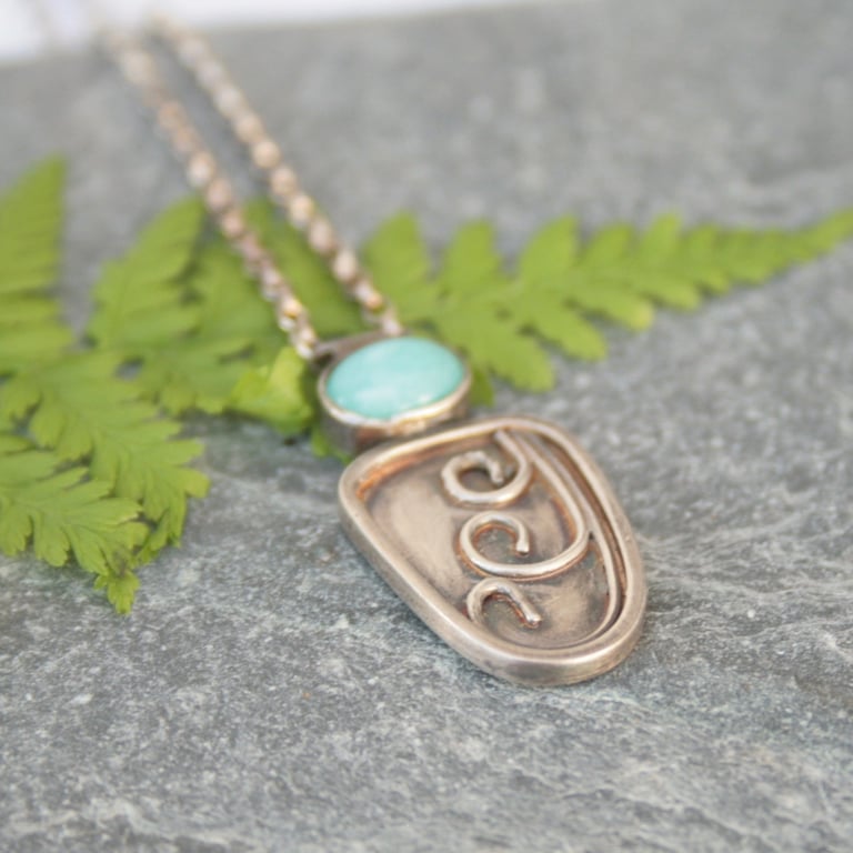 Silver botanical necklace, fern necklace, amazonite gemstone necklace