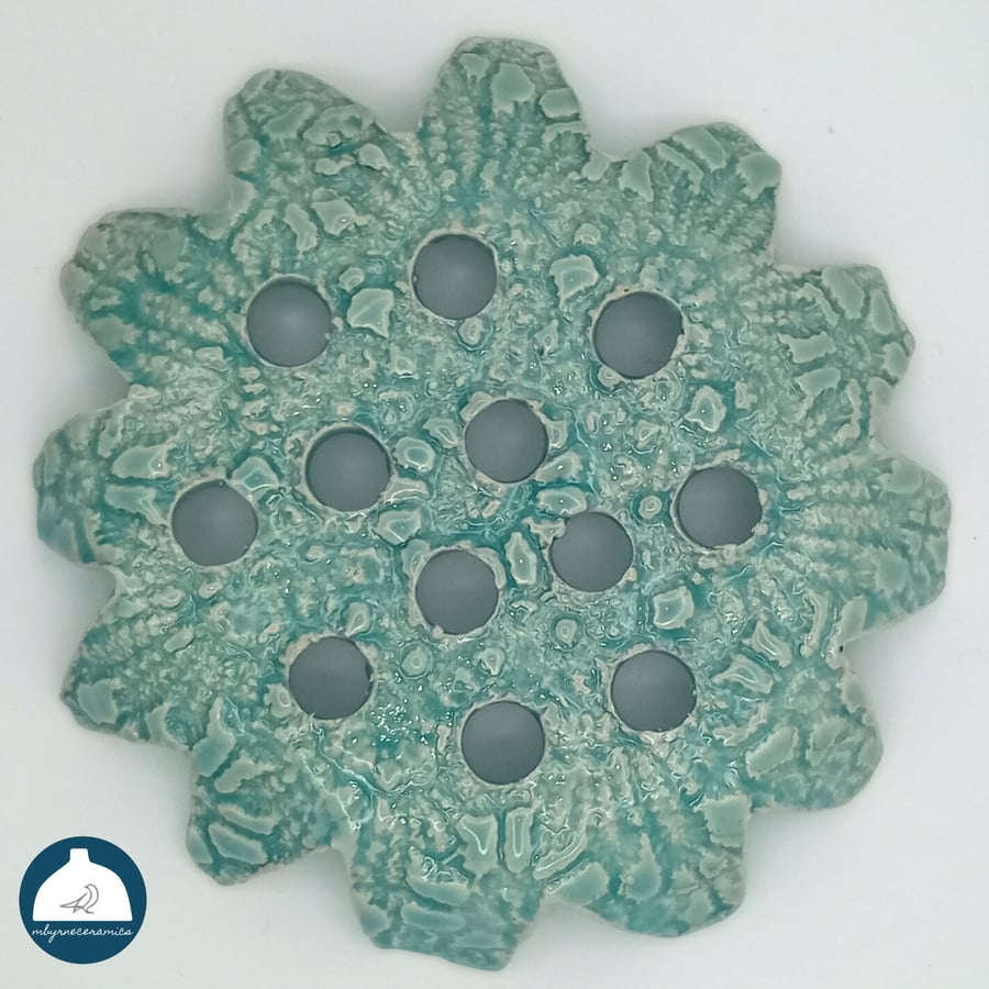 Ceramic flower frog, aqua